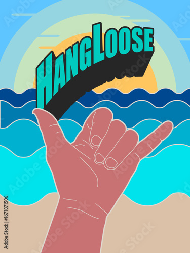"Hang Loose" Hand Gesture Vector. A stylized vector illustration of the shaka hand sign, representing a relaxed, chill, and cool attitude from surf and beach culture.
