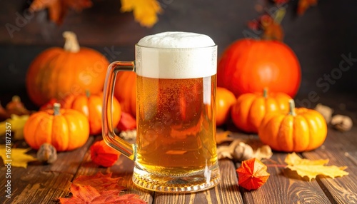 Fototapeta Naklejka Na Ścianę i Meble -  A frothy mug of beer surrounded by vibrant pumpkins and autumn leaves, embodying the cozy essence of fall harvest celebrations.