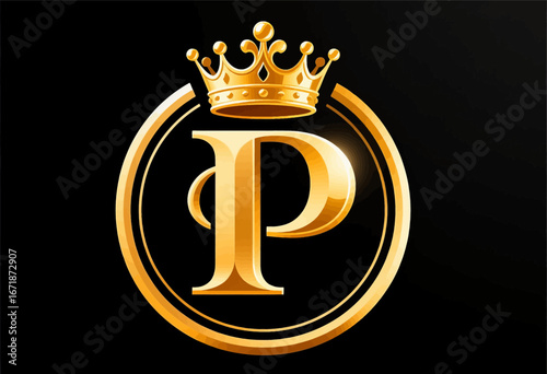 Golden Royal P Monogram with Crown on Black Background