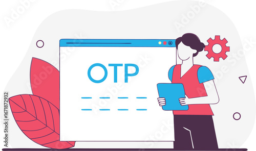 One Time Password Security Concept Illustration Depicting a Woman Holding a Tablet Next to a Website Form for Secure Login and Authentication Processes