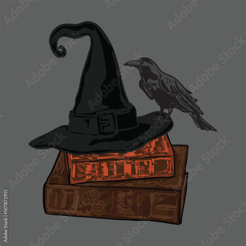Crow with Witch Hat on Books – Gothic Halloween Illustration