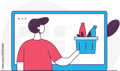 Online shopping concept with man holding basket in front of laptop screen displaying products for purchase and digital e commerce experience