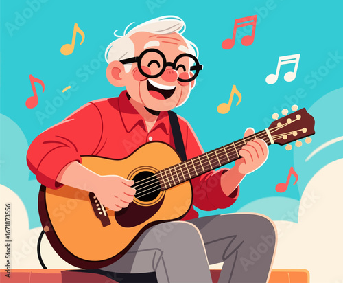 Happy Senior Playing Guitar in Joyful Scene