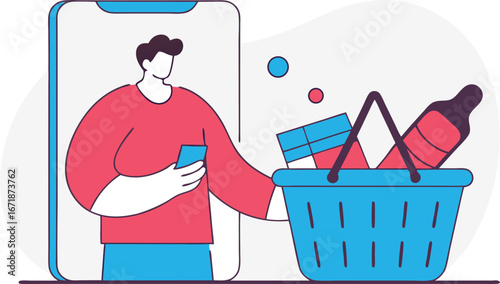 Online Shopping Experience Man using Smartphone in App with Basket Full of Goods for Seamless Ecommerce Transaction and Modern Retail Concept