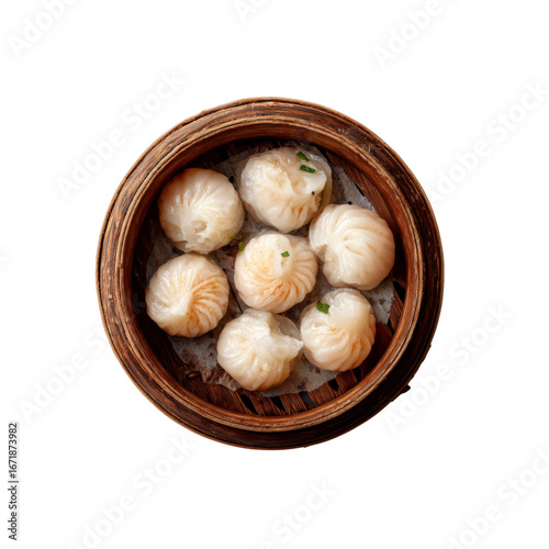 Steamed Har Gow Dumplings in Wooden Bamboo Steamer - Overhead View