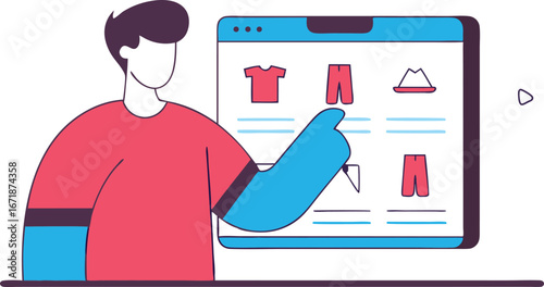 Online Shopping Experience with Man Browsing Clothing Selections Digital Retail Interface User Interaction and Modern Ecommerce Solution Vector Illustration