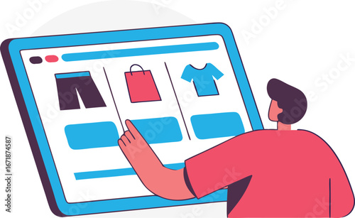Online Shopping Experience with Tablet Device Interface Featuring Various Apparel Items and Pointing Finger for Seamless Selection and Digital Retail Interaction
