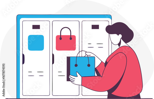 Online shopping illustration showcasing a woman selecting items from a virtual store with various products on display providing a user friendly e commerce experience