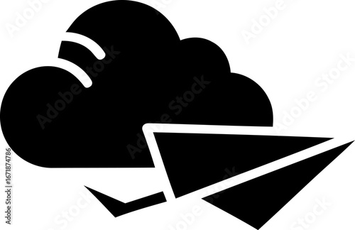 Paper airplane flying into a cloud simple icon for digital messaging and cloud storage