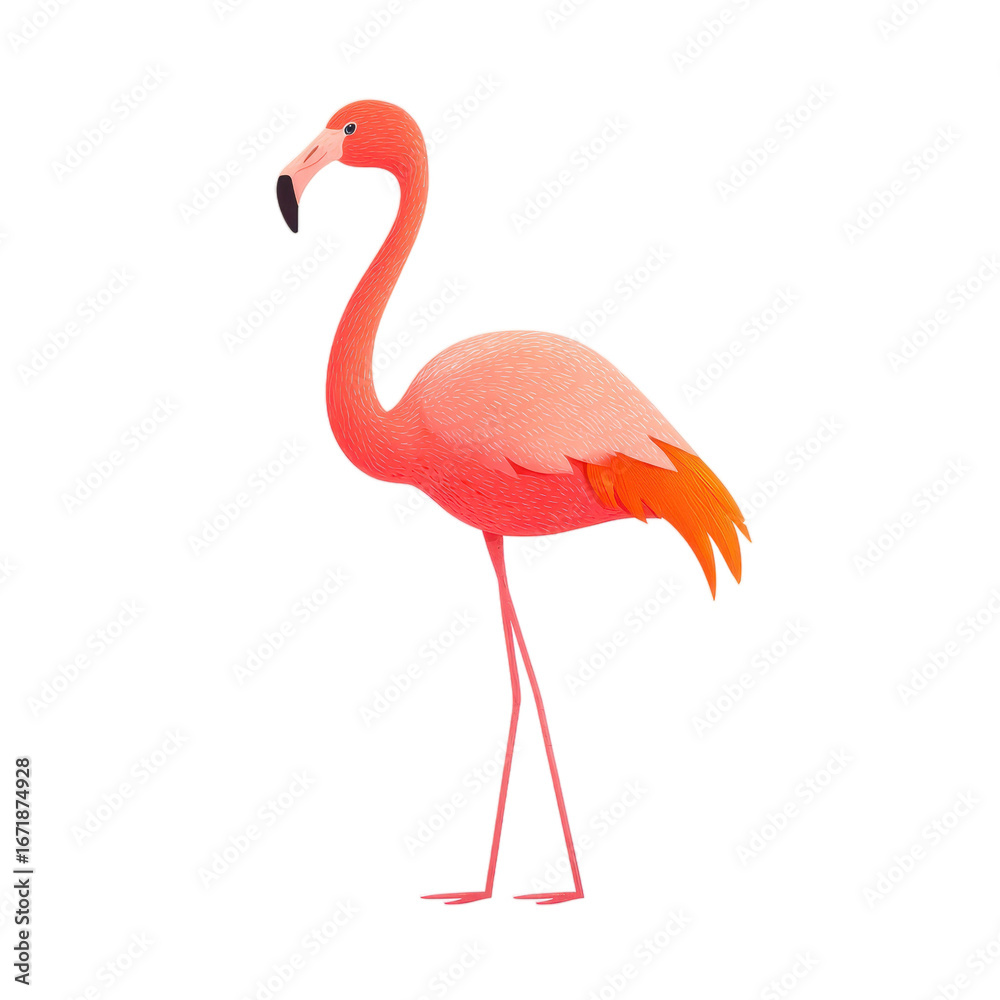 Fototapeta premium Vibrant flamingo illustration, tropical bird standing gracefully, ideal for nature-themed designs or decor, perfect background space. Isolated on white background or PNG