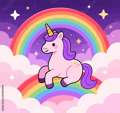Magical Unicorn on Rainbow Clouds with Stars
