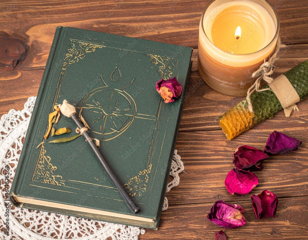 Fototapeta premium Antique Book with Candle and Rose Petals on Wooden Table in Gentle Warm Light