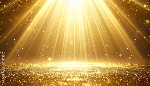 Golden light beams descend onto a shimmering surface, scattering radiant particles in a celestial glow. The ethereal scene evokes divinity, mystery, and the transcendent beauty of illumination.
