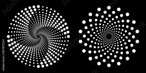 Halftone circular dotted frames set. Circle dots texture isolated on white background. Spotted spray texture. Vector abstract design element spiral circle sound wave vector logo modern black and white