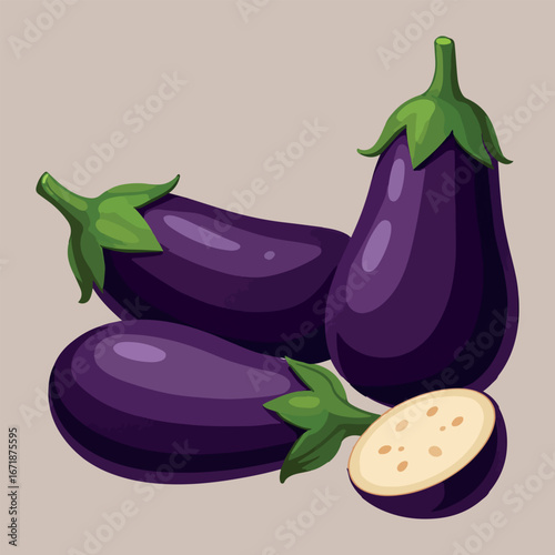  Purple Eggplants with One Sliced Open