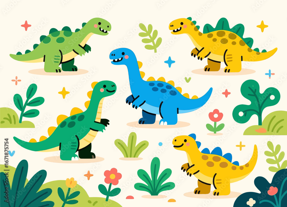 Obraz premium Playful Dinosaurs in Lush Jungle, Vibrant Colors, Joyful Mood