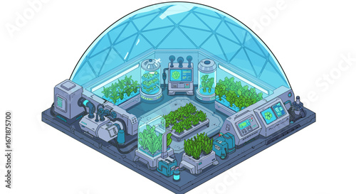 Futuristic dome greenhouse with hydroponic garden and advanced technology