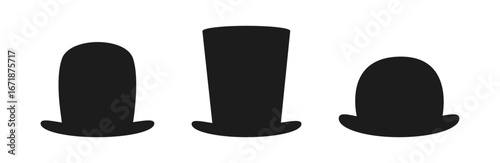 Minimalist black silhouettes of three vintage hats – bowler, top hat, and derby – perfect for fashion graphics, classic illustrations, or costume-themed projects.