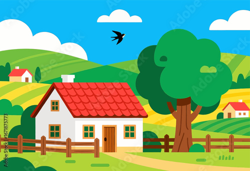 Peaceful Countryside Cottage with Rolling Hills and Clear Sky