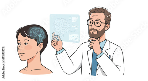 Medical professional examining neural diagram hologram