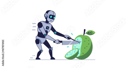 Robot chef preparing a green apple: futuristic cooking concept in modern cartoon style