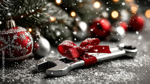 Car service. Wrench tied with a red ribbon resting lies next to Christmas tree and Christmas decorations and gifts. Christmas, New Year greetings from car service, auto repair shop. With copy space
