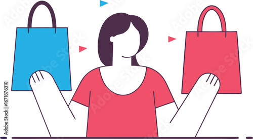 Woman holding shopping bags choosing between different options for online or offline purchases with colorful minimalistic design emphasizing retail consumerism and buying behavior