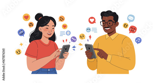 Social media connection: young adults engaging with smartphones and emojis