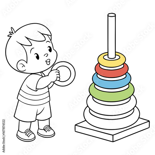 A boy is playing with a colorful ring stack toy