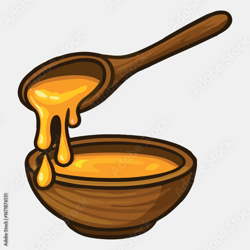Honey pouring from a wooden spoon into a bowl
