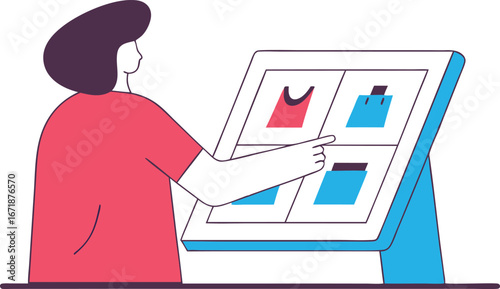 Woman interacting with a digital kiosk for online shopping with modern vector illustration style featuring simple shapes and colors perfect for ecommerce and technology based designs