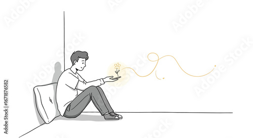 Contemplative moment: minimalist line art of a person reflecting with a flower