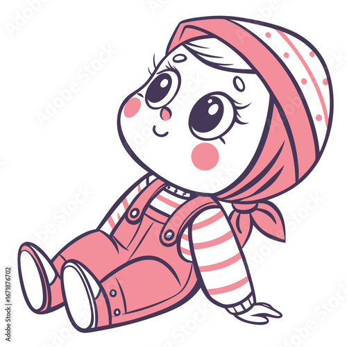 Cute cartoon doll with pink bonnet and overalls