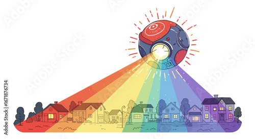 Colorful orb shining rainbow light over suburban houses