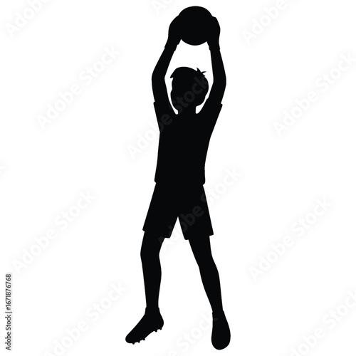 Young goalkeeper catching soccer ball silhouette isolated on white background