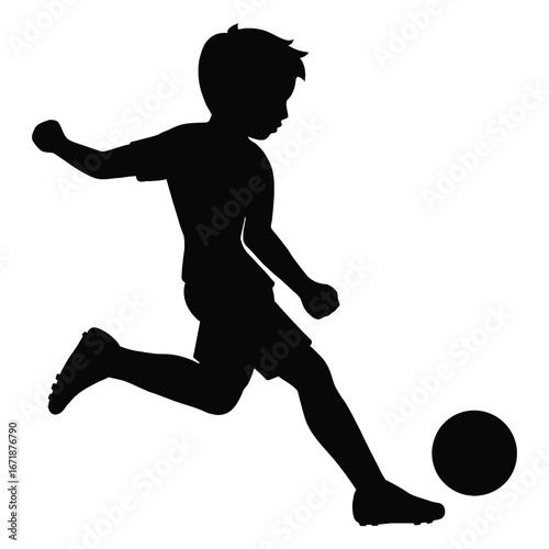 Boy taking penalty shot silhouette isolated on white background