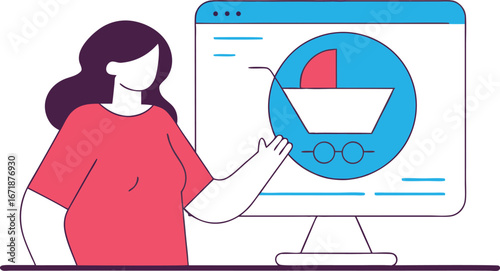 Woman interacts with online baby store on computer monitor exploring products and services for childcare and parenthood with colorful minimalist vector design
