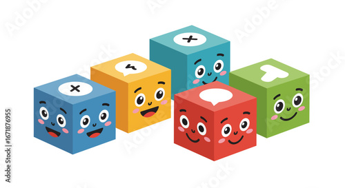 Playful 3d cartoon cubes with facial expressions and speech bubbles