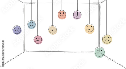 Hanging circular faces: cartoon mood swings in soft pastel colors