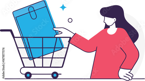 Woman with Shopping Cart Putting Blue Bag Inside for Grocery Purchase Modern Retail Experience Vector Illustration