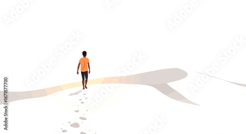 Walking into the light: minimalist silhouette of a man in a desert landscape at sunrise