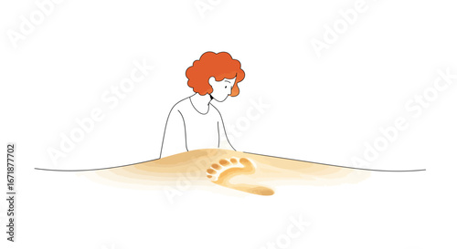 Contemplative person by the sea with footprint in sand - minimalist line art