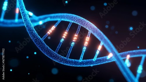 Glowing dna helix genome strand blueprint genetics biotech medical research ai analysis diagnosis insight nucleotide code futuristic lab