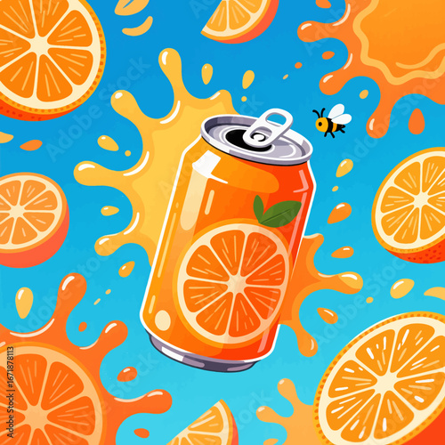 Vibrant Orange Soda Can with Slices and Bee on Blue Background