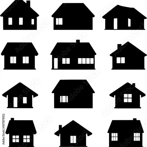 “Black silhouette house illustrations, minimalist schematic design. Twelve different houses aligned in a neat grid, frontal exterior views, pure white background.”