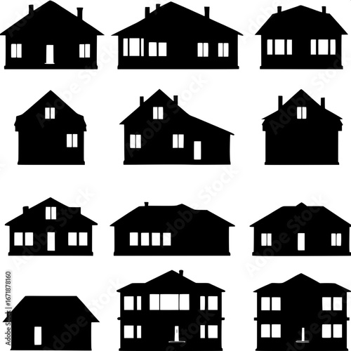 “Black silhouette house illustrations, minimalist schematic design. Twelve different houses aligned in a neat grid, frontal exterior views, pure white background.”