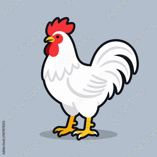 White Rooster Standing Proud on Gray Background