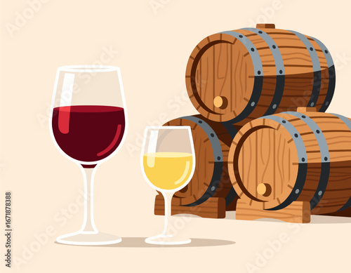 Wine Tasting: Red and White Glasses with Oak Barrels