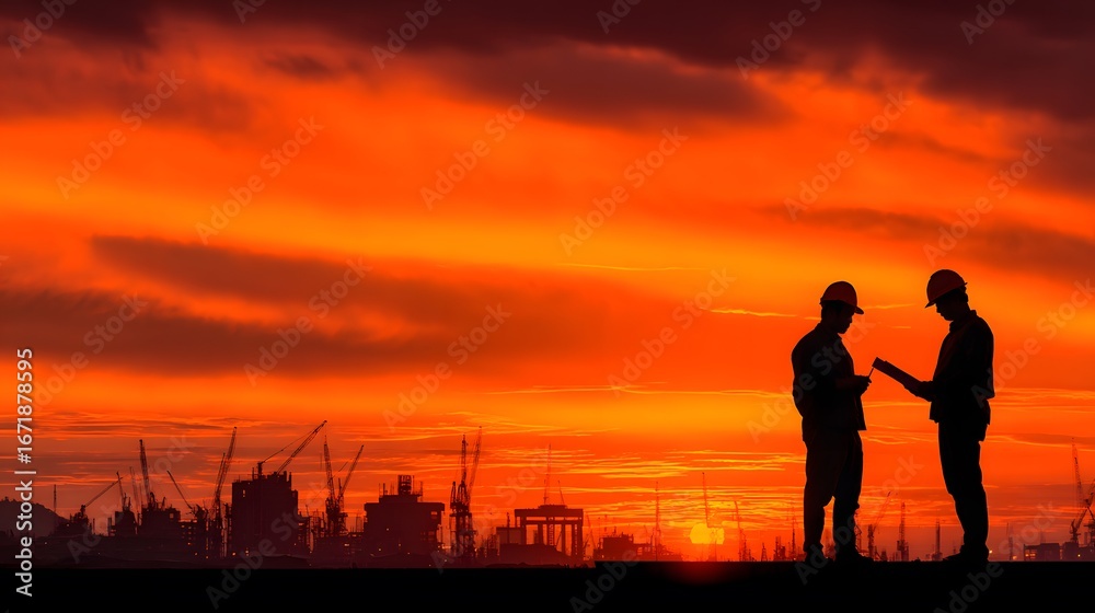Fototapeta premium Silhouettes of two engineers review blueprints on a construction site. They are framed against a spectacular and dramatic orange sunset symbolizing vision.