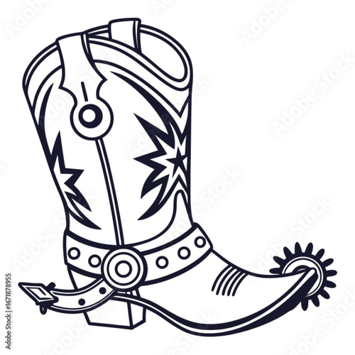 Minimilist illustration of a cowboy boot with a spur featuring star designs and decorative straps in black outline style vector